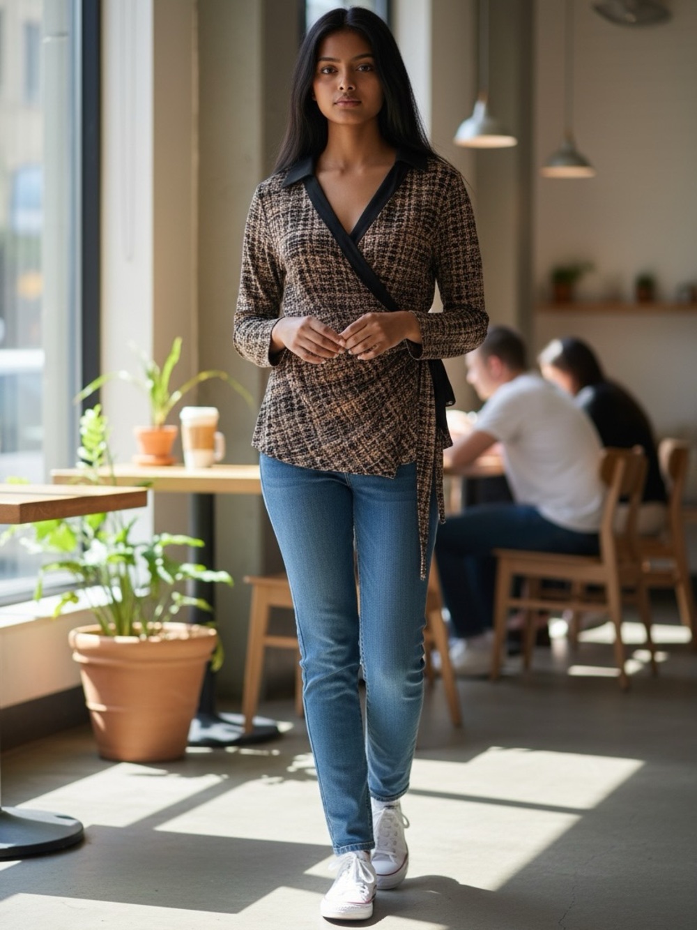 Anne Klein Brown Plaid Wrap Blouse with Black Trim